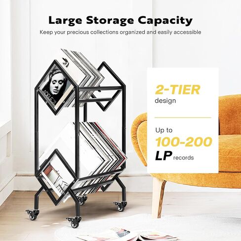 رف تخزين تسجيلات الفينيل من VIVOHOME، منظم تسجيل بطبقتين 100-200 LP حامل عرض حامل للألبومات والمجلات والكتب وملفات المكتب مع عجلة in Saudi Arabia
