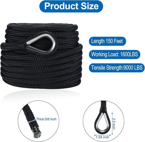 SearQing Double Braid Nylon Anchor Rope 5/8 Inch x 150 Feet with Stainless Steel Thimble-High Strength Anchor Line Safe Workload: 1600LBS;Tensile strength:9000 LBS in Saudi Arabia