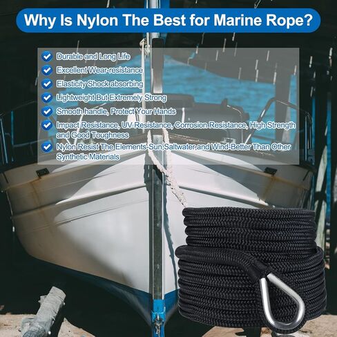 SearQing Double Braid Nylon Anchor Rope 5/8 Inch x 150 Feet with Stainless Steel Thimble-High Strength Anchor Line Safe Workload: 1600LBS;Tensile strength:9000 LBS in Saudi Arabia
