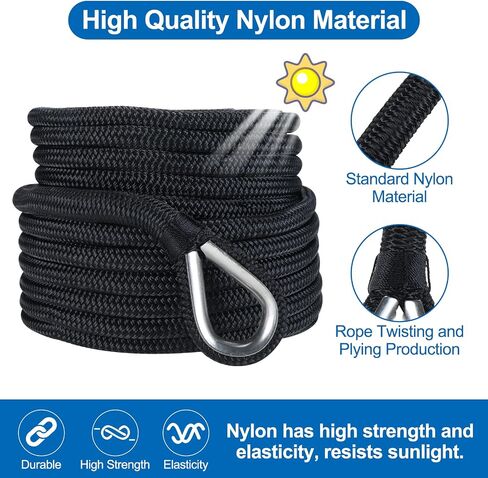 SearQing Double Braid Nylon Anchor Rope 5/8 Inch x 150 Feet with Stainless Steel Thimble-High Strength Anchor Line Safe Workload: 1600LBS;Tensile strength:9000 LBS in Saudi Arabia
