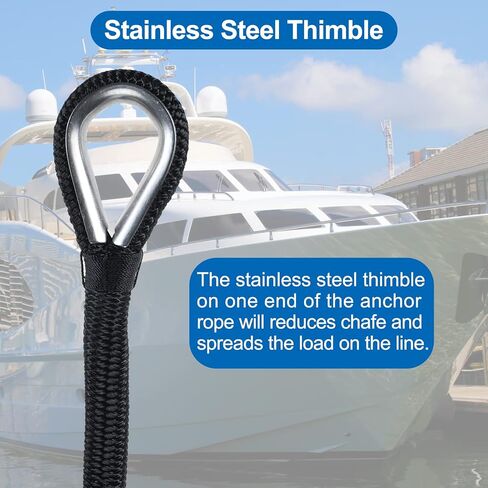 SearQing Double Braid Nylon Anchor Rope 5/8 Inch x 150 Feet with Stainless Steel Thimble-High Strength Anchor Line Safe Workload: 1600LBS;Tensile strength:9000 LBS in Saudi Arabia