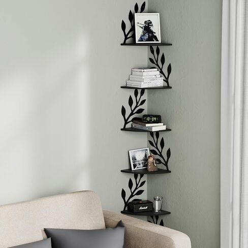 Fixwal Corner Floating Shelves, 5 Tier Rustic Wall Mounted Shelves for Decor and Storage, Decorative Ledges for Bedroom Living Room Bathroom Kitchen (Black) in Saudi Arabia