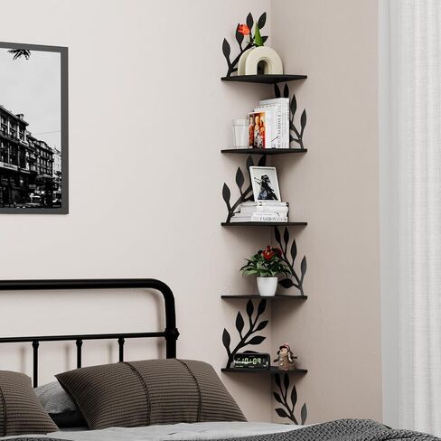 Fixwal Corner Floating Shelves, 5 Tier Rustic Wall Mounted Shelves for Decor and Storage, Decorative Ledges for Bedroom Living Room Bathroom Kitchen (Black) in Saudi Arabia
