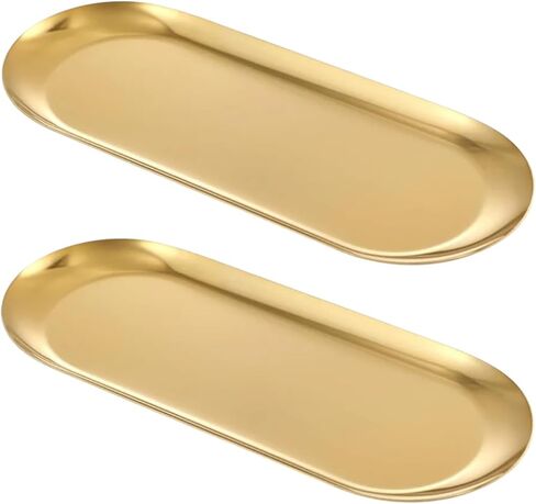 GLAZZLESIPPSCOMPANY Decorative Tray Stainless Steel, Gold, 7 Inch Long, Oval, Jewelry Dish Cosmetics Organizer Bathroom Clutter Serving Platter Small Storage Tray (1, small) in Saudi Arabia