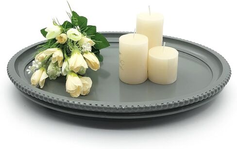 Round Wood Decorative Tray, Small Beaded Tray for Dresser Coffee Table Kitchen Corner Dinning Table, Modern Round Wooden Tray for Centerpiece (Gray, 13.4''X13.4'') in Saudi Arabia