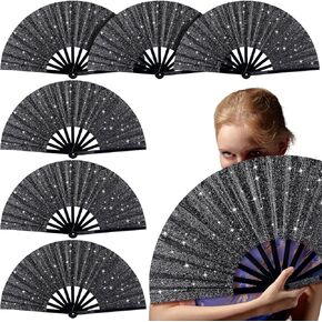 Large Glitter Fan Rave Fans Bulk Vintage Retro Chinese Kung Fu Folding Fan Handheld Summer Fan for Women Men Edm Club Party Performance Decoration(6 Pcs)