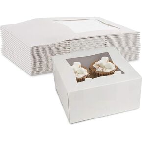 MT Products White Cupcake Boxes with Window - 6" X 6" X 3" (25 Pieces) Auto Pop-up Bakery Box - Made in the USA