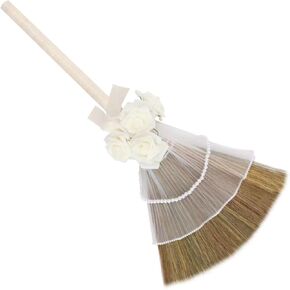Wedding Broom for Jumping Ceremony, Decorative Jump Broom DIY White Tulle Accents with Ribbons Artificial Pearl Roses
