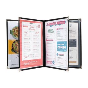 Menu Covers, 4 Page, 4 Pockets, 8 View, for 8.5" x 11" Letter Size Paper, Pack of 6, Black Edging + Silver Metal Corner, Made with Leatherette & Vinyl