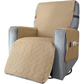 Waterproof Reversible Recliner Slipcovers Sand Color Recliner Chair Cover Width Up to 28 Inch With Side Pocket Non Slip Washable Furniture Protector With Elastic Strap For Kids(Sand Color, Large)