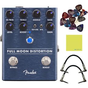 Fender Full Moon Distortion Pedal, Boost and Gain Bundle with 2x Strukture S6P48 Woven Right Angle Patch Cables, 12x Fender Guitar Picks and Liquid Audio Instrument Polishing Cloth in Kuwait