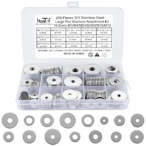 248 Pcs Stainless Steel Large Fender Washers, 15 Sizes Flat Penny Washers Assortment Kit for Car Ship Assembly, Furniture Installation, Electrical Connections, DIY Project. (M3 M4 M5 M6 M8 M10 M12)