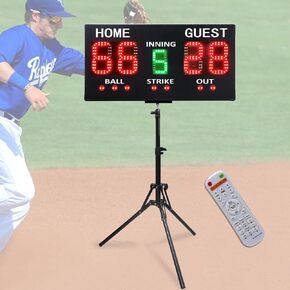 Portable Baseball Digital Scoreboard with Remote, Electronic Baseball Scoreboard for Fence, Battery Powered LED Baseball Scoreboard with Stand, Ball Strike Out Inning Score Keeper Outdoor
