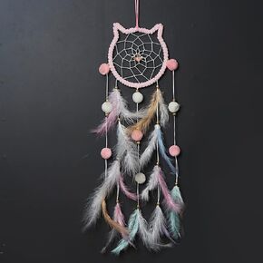 Cat Dream Catcher Colorful Feather Pompom Beads Wall Decor Hanging Ornament for Kids Bedroom Home Art Craft Gift