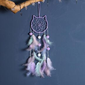 Cat Dream Catcher Colorful Feather Pompom Beads Wall Decor Hanging Ornament for Kids Bedroom Home Art Craft Gift