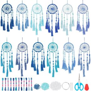 12PCS DIY Small Dream Catcher Kit Handmade Blue Dreamcatcher for Adult Beginners DIY Mini Hanging Ornament Starter Making Kit for Bedroom Car Mirror Keychain bag Bohemian Decoration Craft Gift