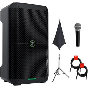 Mackie Thump Go 8" Portable Bluetooth Battery-Powered Loudspeaker Bundle with On-Stage SSA100 Speaker Stand Skirt, Auray Adjustable Speaker Stand, Vocal Mic, and 2X XLR-XLR Cable