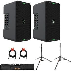 Mackie ShowBox All-in-One Battery-Powered 400W 8" Live Performance Rig with Breakaway Mix Control (Pair) Bundle with Auray Steel Speaker Stands with Tripod Base, Carrying Case and 2X XLR Cable