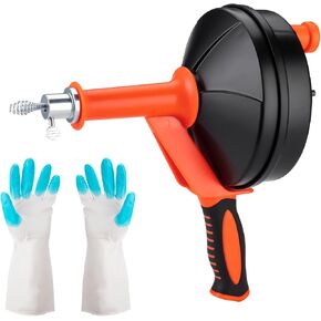 Drain Snake 25 FT with Drill Attachment Manual and Drill 2-in-1, Drum Drain Auger with a Pair of Gloves, Plumbing Snake Suitable for Kitchen, Bathroom, Bathtub and Drainage Pipes.
