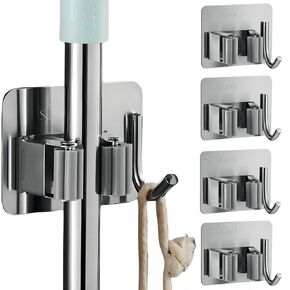 Mop Broom Holder No Drill StainlessSteel, Mop Broom Organizer Wall Mounted Heavy Duty with Hooks Hanger, Anti-Slip Command Broom Holder Wall Mount，Self Adhesive 4Pcs for Bathroom, Kitchen, Office