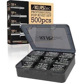 KLRStec Professional Pop Rivets Assortment Kit [500pcs] Aluminum Rivets for Rivet Guns 125pcs Each Size (3/64“ 1/8“ 5/32“ 3/16“)