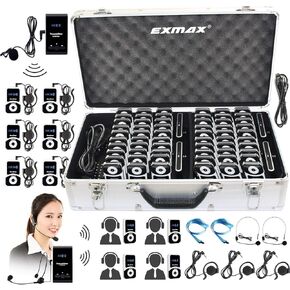 EXMAX ATG-100T 195MHz Wireless Tour Guide Voice Audio Transmission System+Aluminium Alloy Charge Case for Teaching Tour Guides Conference Travel Museum Hajj Church (4 Transmitters & 60 Receivers) in Kuwait