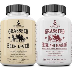 Ancestral Supplements Grass-Fed Beef Liver & Bone Marrow Capsules, 3000mg, Supports Energy, Digestion, Immunity, Skin, Oral Health, Joint Wellness, Non-GMO, Freeze-Dried, 180 Capsules, (Bundle 2 Pack)