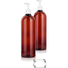 JUVITUS 32 oz Amber Boston Round PET Plastic Plastic Bottles with White Lotion Pump (2 pack) + Labels