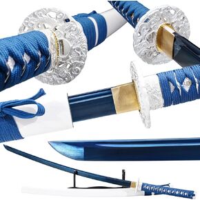 Katana Sword Real Razor Sharp Full Tang Real Samurai Sword 40.55inch 1060 High Carbon Steel Handmade Japanese Sword Blue blade Display Collection Gift for Men