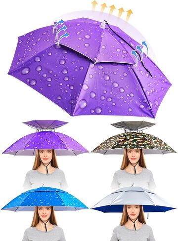 Reginary 4 Pieces Fishing Umbrella Hat Folding Sun Rain Cap Adjustable Hands Free Umbrella Multifunction Head Umbrellas for Men Women Outdoor Fishing Golf Beach Kayaking Boating Gardening Sunshade in Saudi Arabia