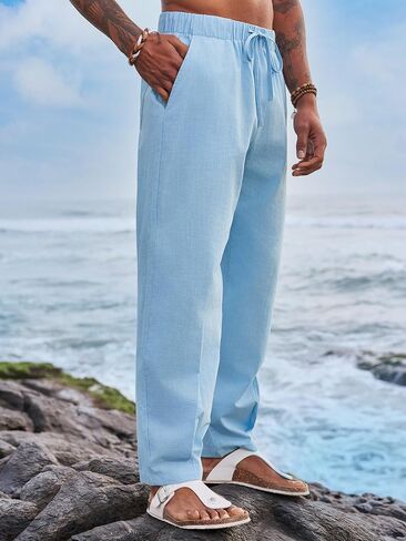 Runcati Mens Cotton Linen Harem Pants Beach Yoga Drawstring Elastic Waist Casual Lightweight Pants in Saudi Arabia