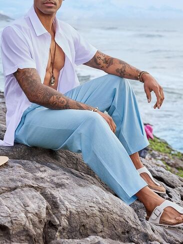 Runcati Mens Cotton Linen Harem Pants Beach Yoga Drawstring Elastic Waist Casual Lightweight Pants in Saudi Arabia