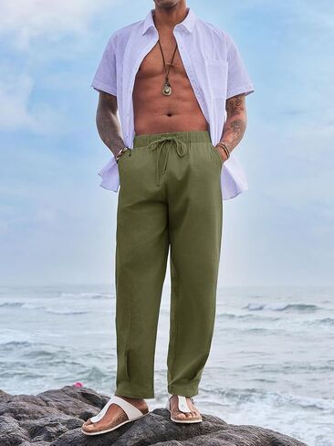 Runcati Mens Cotton Linen Harem Pants Beach Yoga Drawstring Elastic Waist Casual Lightweight Pants in Saudi Arabia