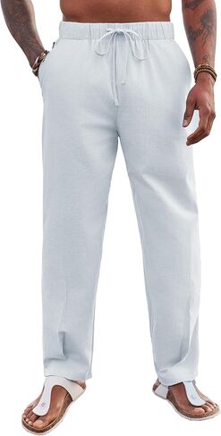 Runcati Mens Cotton Linen Harem Pants Beach Yoga Drawstring Elastic Waist Casual Lightweight Pants in Saudi Arabia
