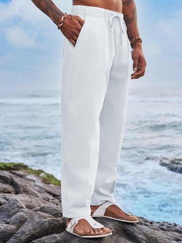Runcati Mens Cotton Linen Harem Pants Beach Yoga Drawstring Elastic Waist Casual Lightweight Pants in Saudi Arabia