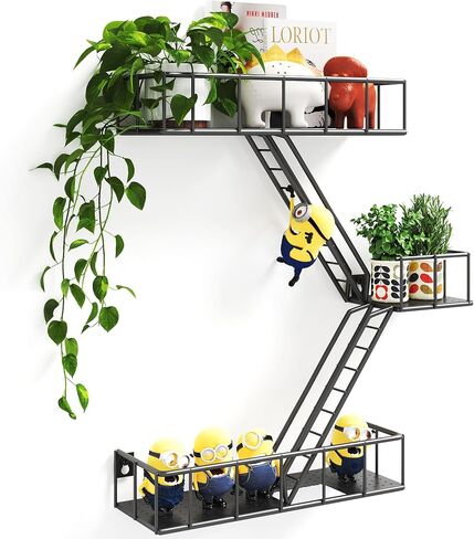 Metal Fire Escape Ladder Shelf Wall Storage, 3-Tier Black Fire Escape Wall Shelves with Baskets, New York Action Figurine Display Shelf, Rustic Floating Decorative Wall Shelves for Any Room in Saudi Arabia