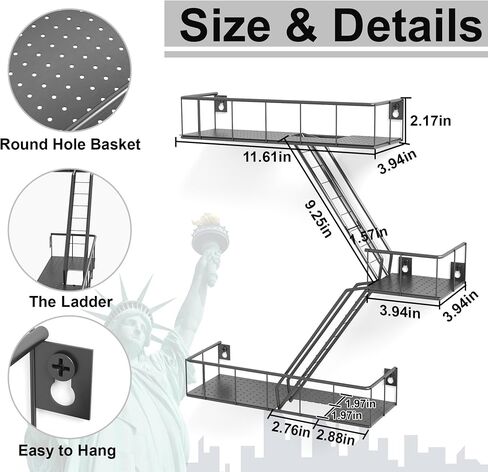 Metal Fire Escape Ladder Shelf Wall Storage, 3-Tier Black Fire Escape Wall Shelves with Baskets, New York Action Figurine Display Shelf, Rustic Floating Decorative Wall Shelves for Any Room in Saudi Arabia