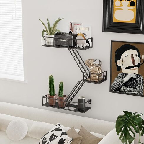 Metal Fire Escape Ladder Shelf Wall Storage, 3-Tier Black Fire Escape Wall Shelves with Baskets, New York Action Figurine Display Shelf, Rustic Floating Decorative Wall Shelves for Any Room in Saudi Arabia