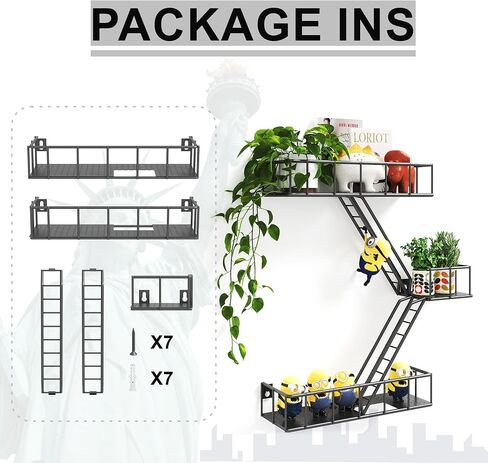 Metal Fire Escape Ladder Shelf Wall Storage, 3-Tier Black Fire Escape Wall Shelves with Baskets, New York Action Figurine Display Shelf, Rustic Floating Decorative Wall Shelves for Any Room in Saudi Arabia