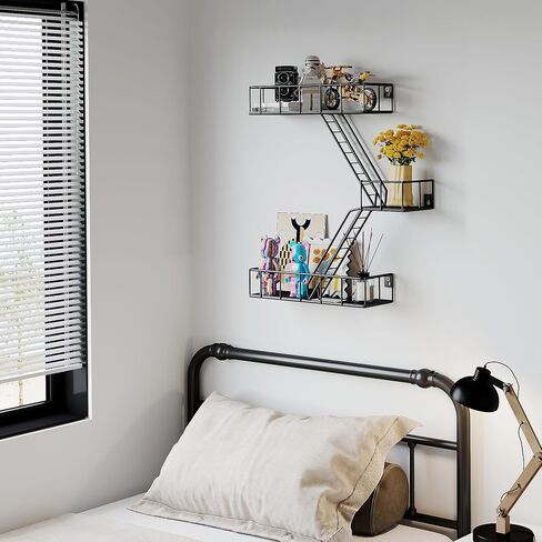 Metal Fire Escape Ladder Shelf Wall Storage, 3-Tier Black Fire Escape Wall Shelves with Baskets, New York Action Figurine Display Shelf, Rustic Floating Decorative Wall Shelves for Any Room in Saudi Arabia