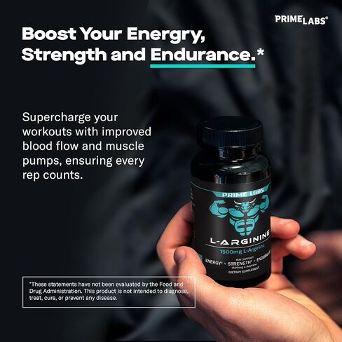 Prime Labs L Arginine Nitric Oxide - with L-Arginine 1500mg - Supports Blood Flow, Energy, Strength, Endurance - 60 Capsules in Saudi Arabia