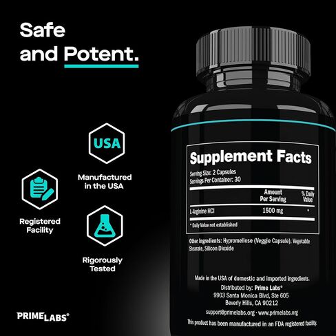 Prime Labs L Arginine Nitric Oxide - with L-Arginine 1500mg - Supports Blood Flow, Energy, Strength, Endurance - 60 Capsules in Saudi Arabia