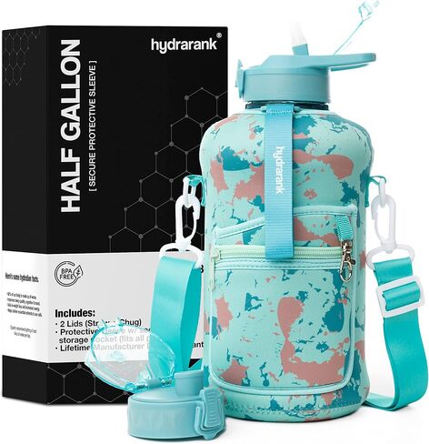 زجاجة مياه نصف جالون من HYDRARANK مع كم - زجاجة مياه رياضية خالية من مادة BPA مع قش وغطاء صنبور - مقاومة للتسرب - إبريق ماء كبير قابل لإعادة الاستخدام مع حزام، مقبض للترطيب اليومي (74 أونصة) in Saudi Arabia