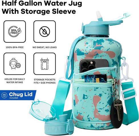 زجاجة مياه نصف جالون من HYDRARANK مع كم - زجاجة مياه رياضية خالية من مادة BPA مع قش وغطاء صنبور - مقاومة للتسرب - إبريق ماء كبير قابل لإعادة الاستخدام مع حزام، مقبض للترطيب اليومي (74 أونصة) in Saudi Arabia