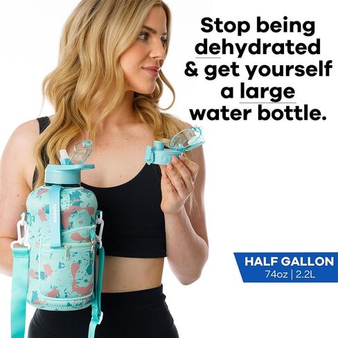 زجاجة مياه نصف جالون من HYDRARANK مع كم - زجاجة مياه رياضية خالية من مادة BPA مع قش وغطاء صنبور - مقاومة للتسرب - إبريق ماء كبير قابل لإعادة الاستخدام مع حزام، مقبض للترطيب اليومي (74 أونصة) in Saudi Arabia