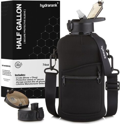 HYDRARANK Half Gallon Water Bottle with Sleeve - BPA Free Gym Water Bottle with Straw and Spout Lid - Leak Proof - Reusable Large Water Jug with Strap, Handle for Daily Hydration (74 ounce) in Saudi Arabia
