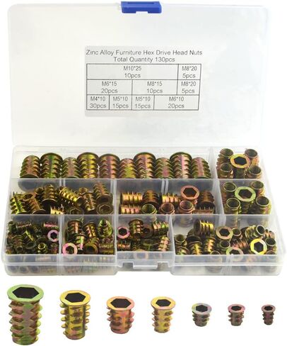 130 قطعة إدراجات مترابطة المكسرات 7 أحجام إدراجات المكسرات مجموعة متنوعة للأثاث الخشبي متري الخيوط الخشب إدراج M4/M5/M6/M8/M10 in Kuwait