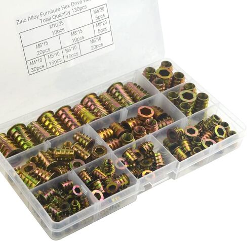 130 قطعة إدراجات مترابطة المكسرات 7 أحجام إدراجات المكسرات مجموعة متنوعة للأثاث الخشبي متري الخيوط الخشب إدراج M4/M5/M6/M8/M10 in Kuwait