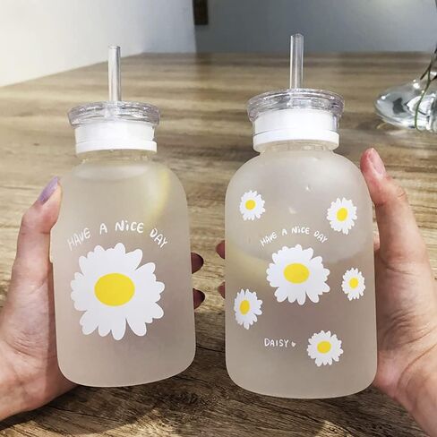 480ml Milk Juice Cute Water Bottle with Scale 2 Lids Little daisy Matte Portable Transparent Water Cup Glass Bottles Creative Handy Cup (1Pcs Six Flowers) in Saudi Arabia