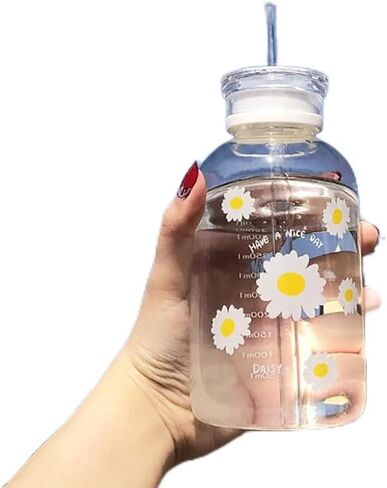 480ml Milk Juice Cute Water Bottle with Scale 2 Lids Little daisy Matte Portable Transparent Water Cup Glass Bottles Creative Handy Cup (1Pcs Six Flowers) in Saudi Arabia